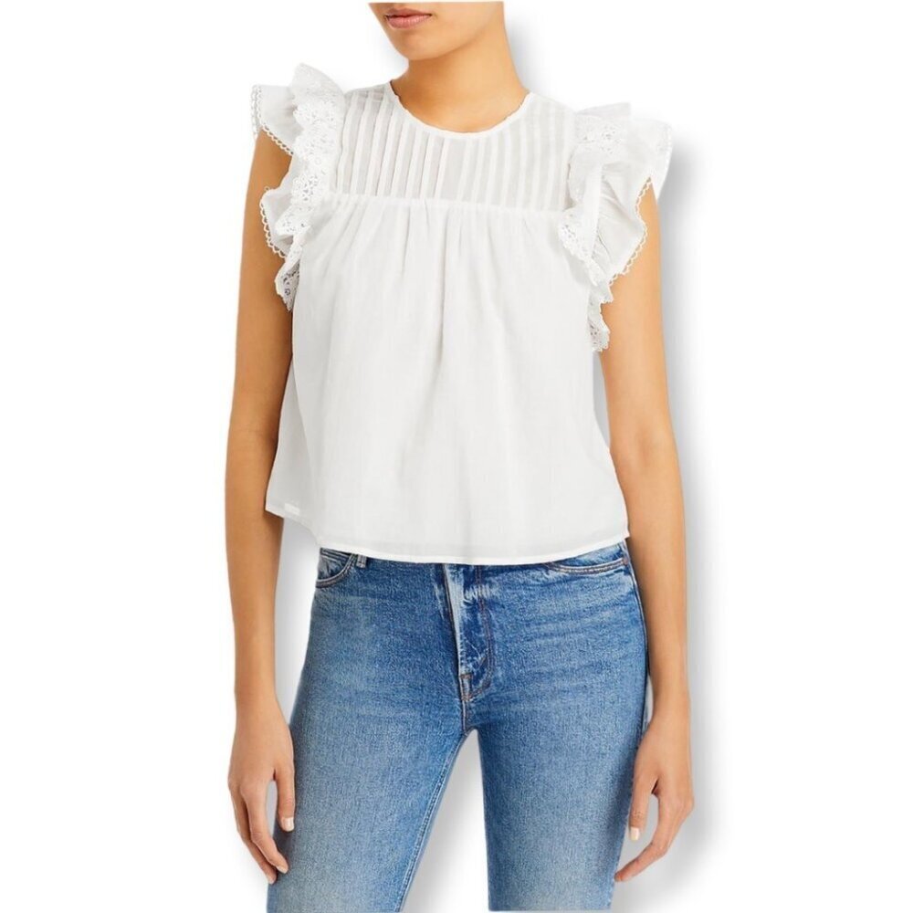 Aqua White Flutter Sleeve Top Lace Details Size Small NWOT